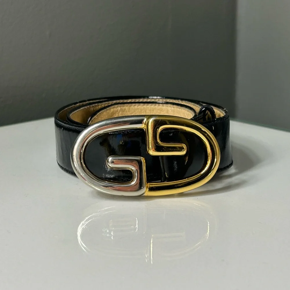 Vintage Gucci Black Patent Leather Belt w/ Gold & Silver GG Buckle size 26